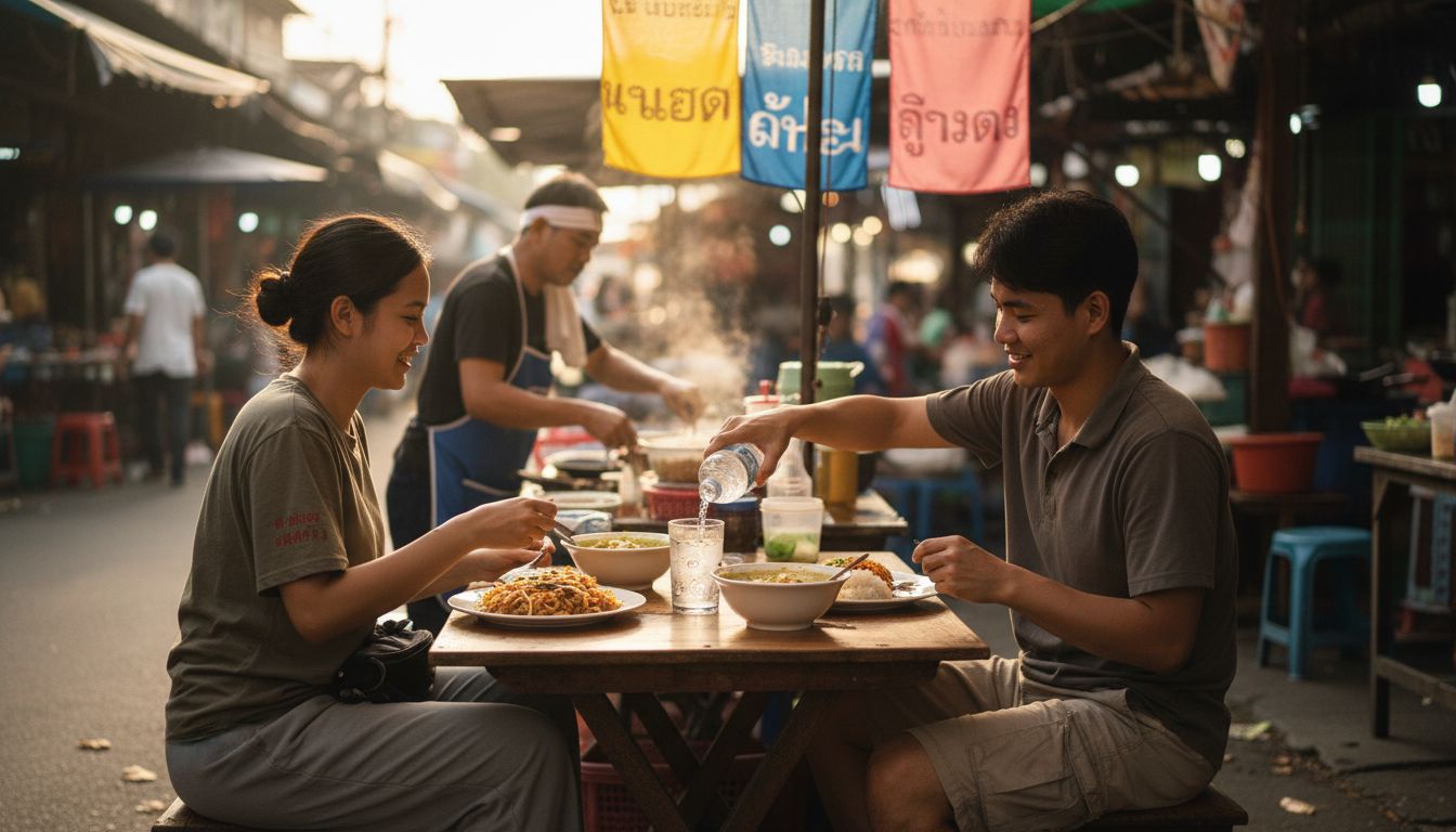 Busy Thai street food market scene