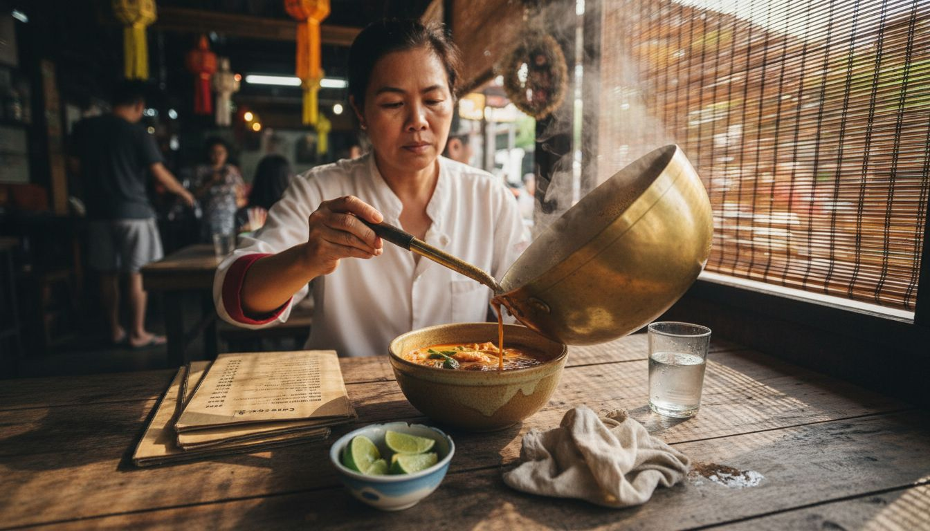 Thai chef serving soup at rustic table