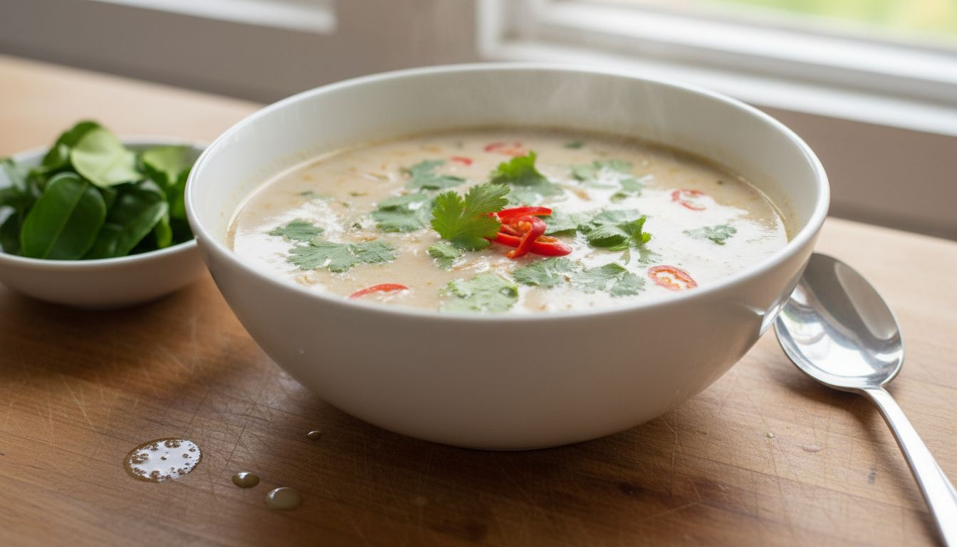Bowl of Tom Kha Gai coconut soup