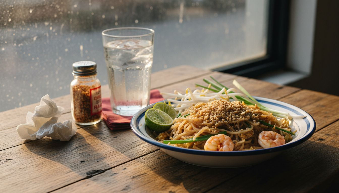 Rustic Pad Thai dish on table