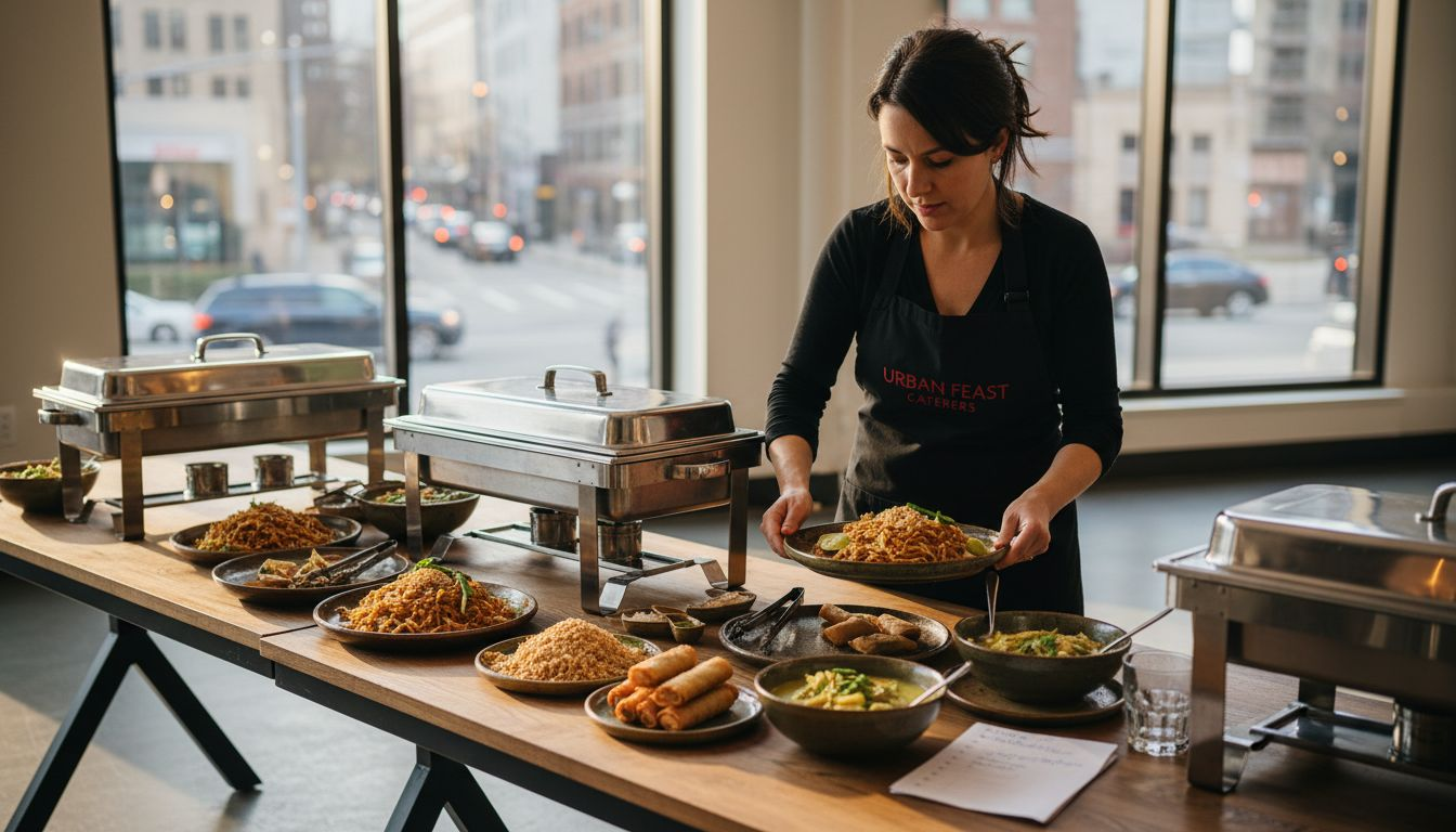 Catering manager preparing Thai food buffet