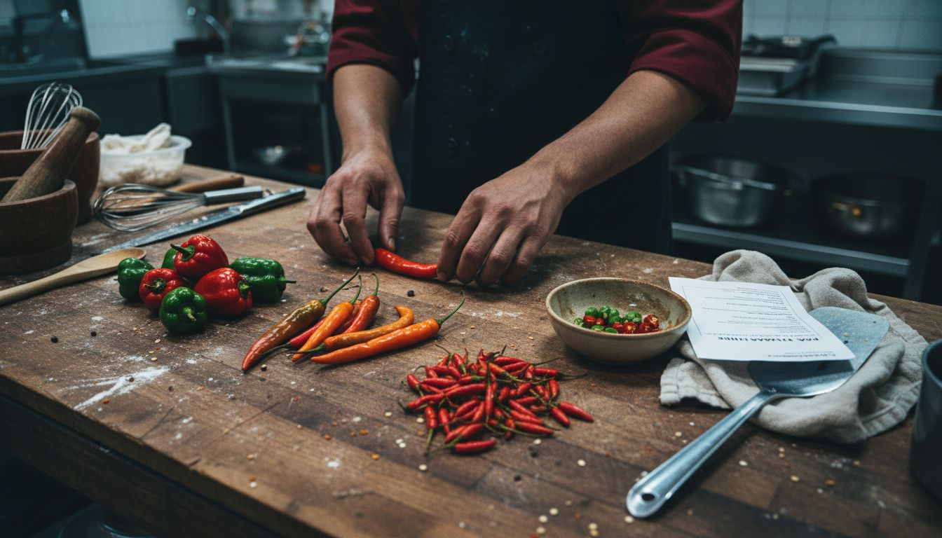 Chef handling Thai chili peppers in kitchen