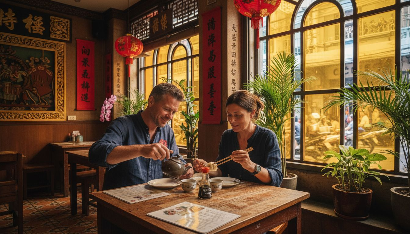 Couple dining in both Thai and Chinese restaurant setting