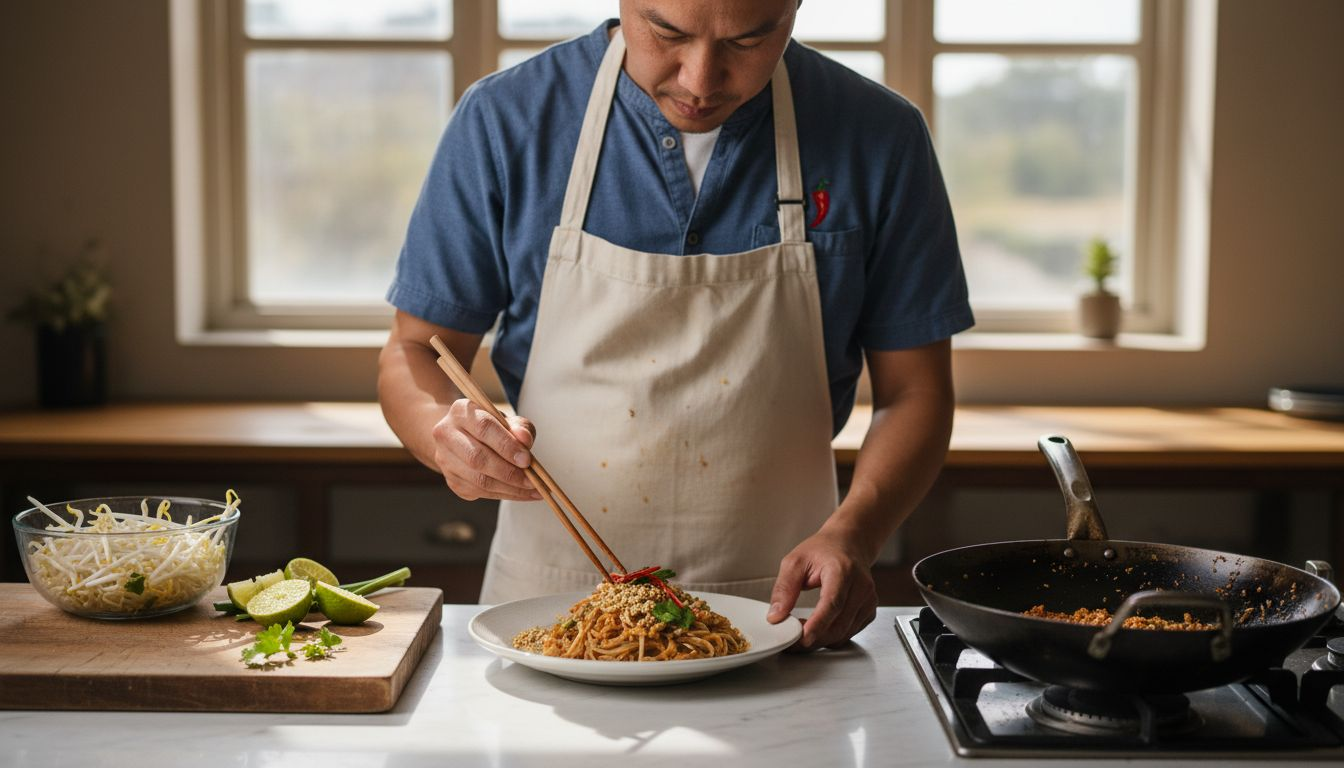 Chef plating authentic Pad Thai dish