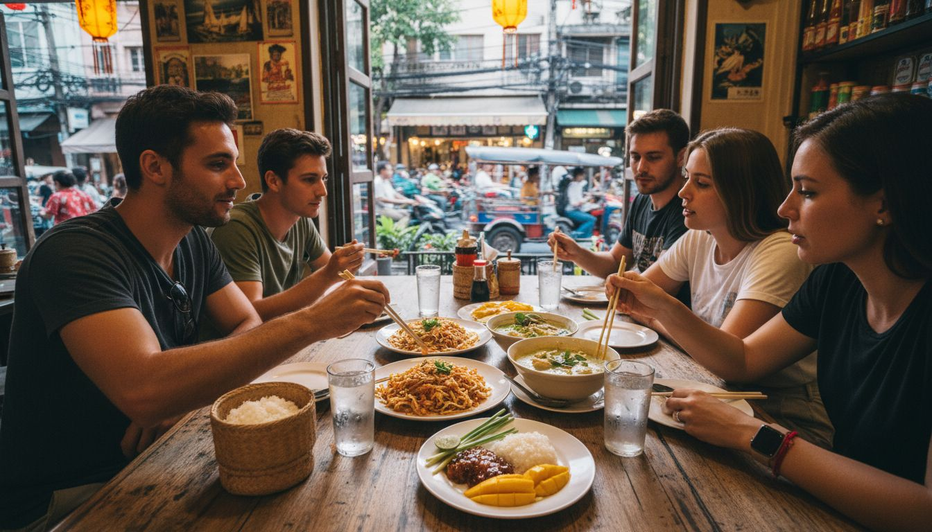 Friends sharing Thai dishes at restaurant