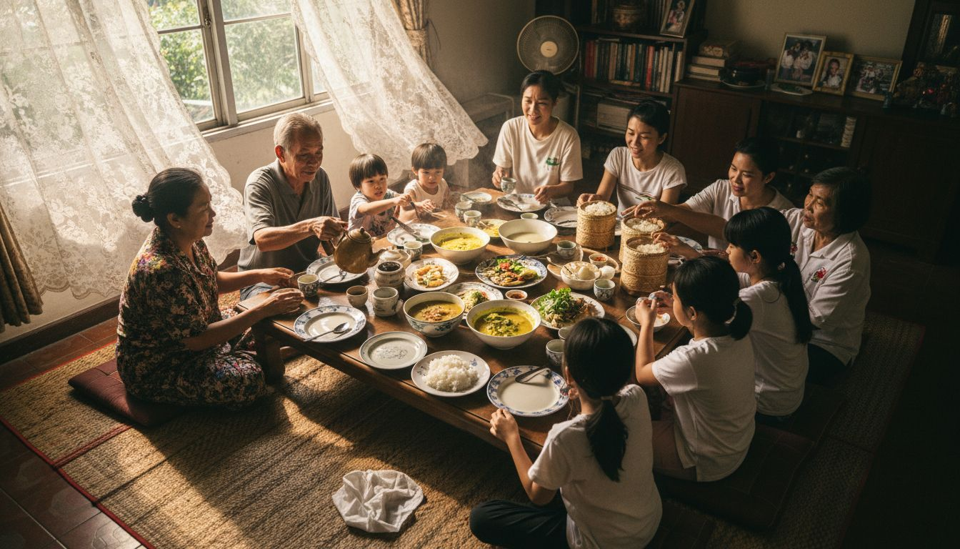 Thai family sharing traditional feast at home