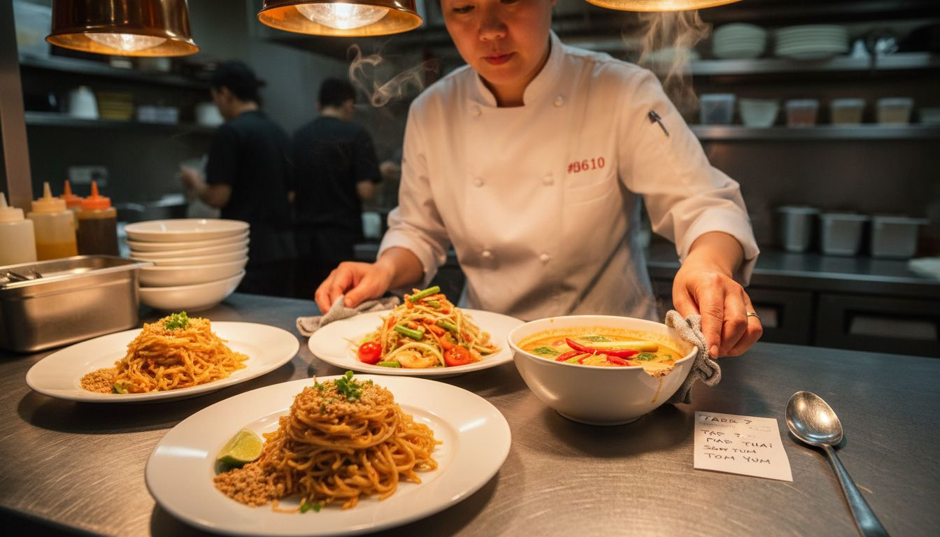 Chef arranging colorful Thai signature dishes