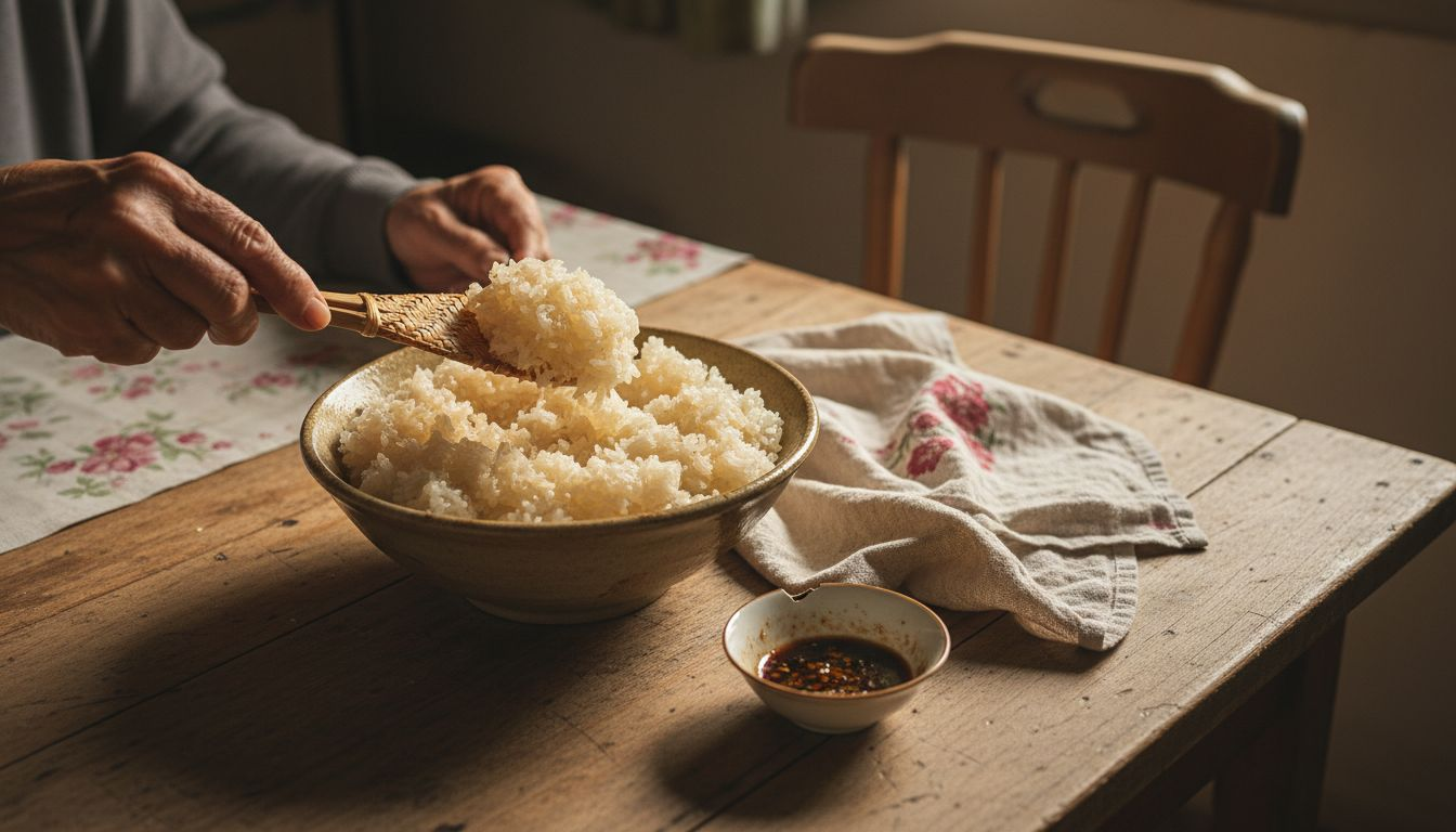 Closeup of sticky glutinous rice in bowl