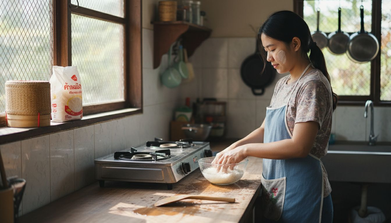 Home cook preparing Thai rice in sunny kitchen