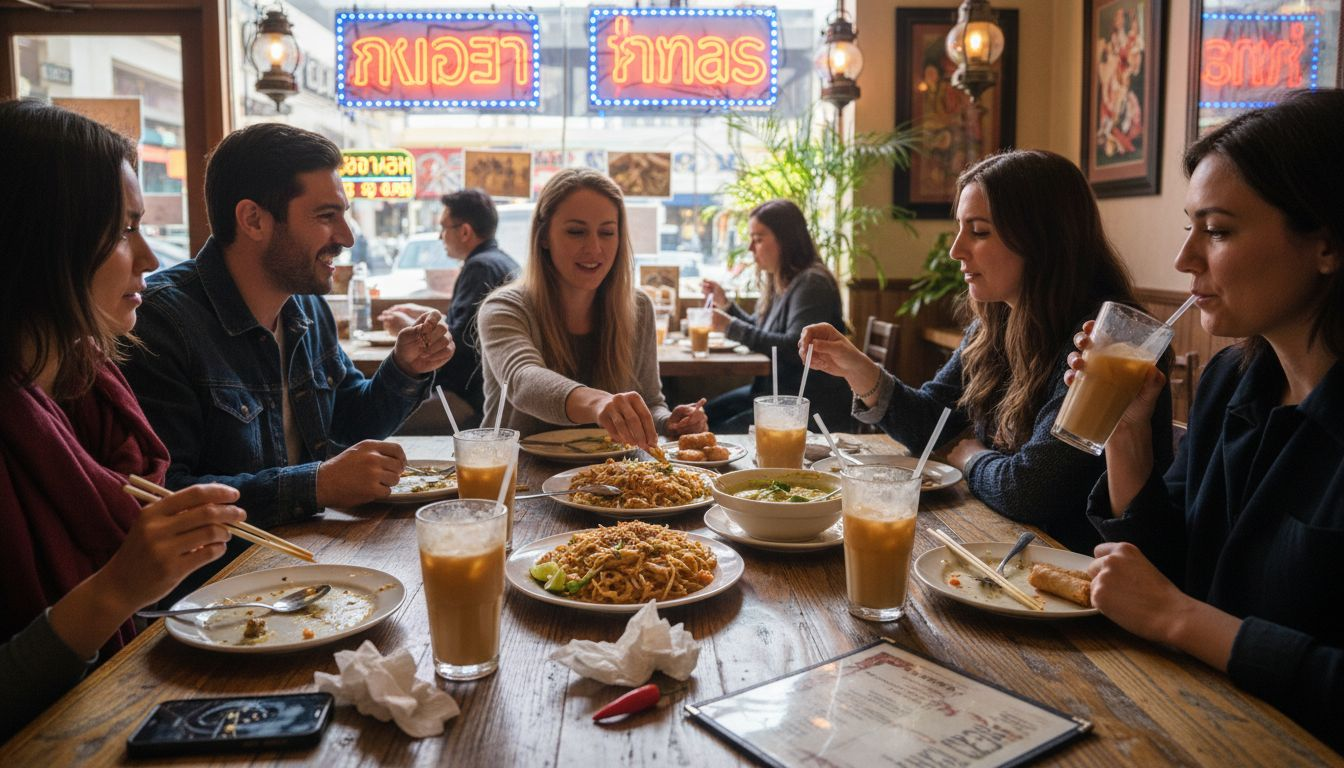 Friends sharing Thai dishes in Las Vegas restaurant