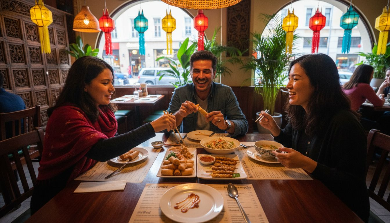 Locals sharing platters of Thai appetizers at restaurant