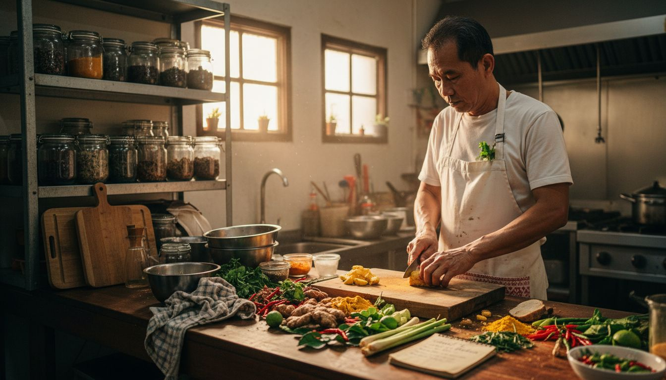 Thai chef preparing fresh spices in kitchen