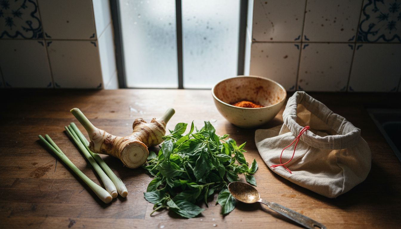 Various Thai spices arranged on kitchen counter