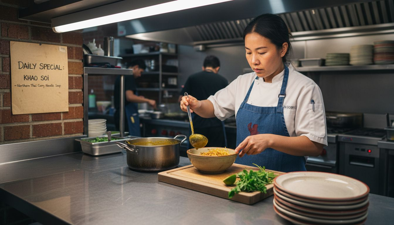 Thai chef preparing Khao Soi in kitchen