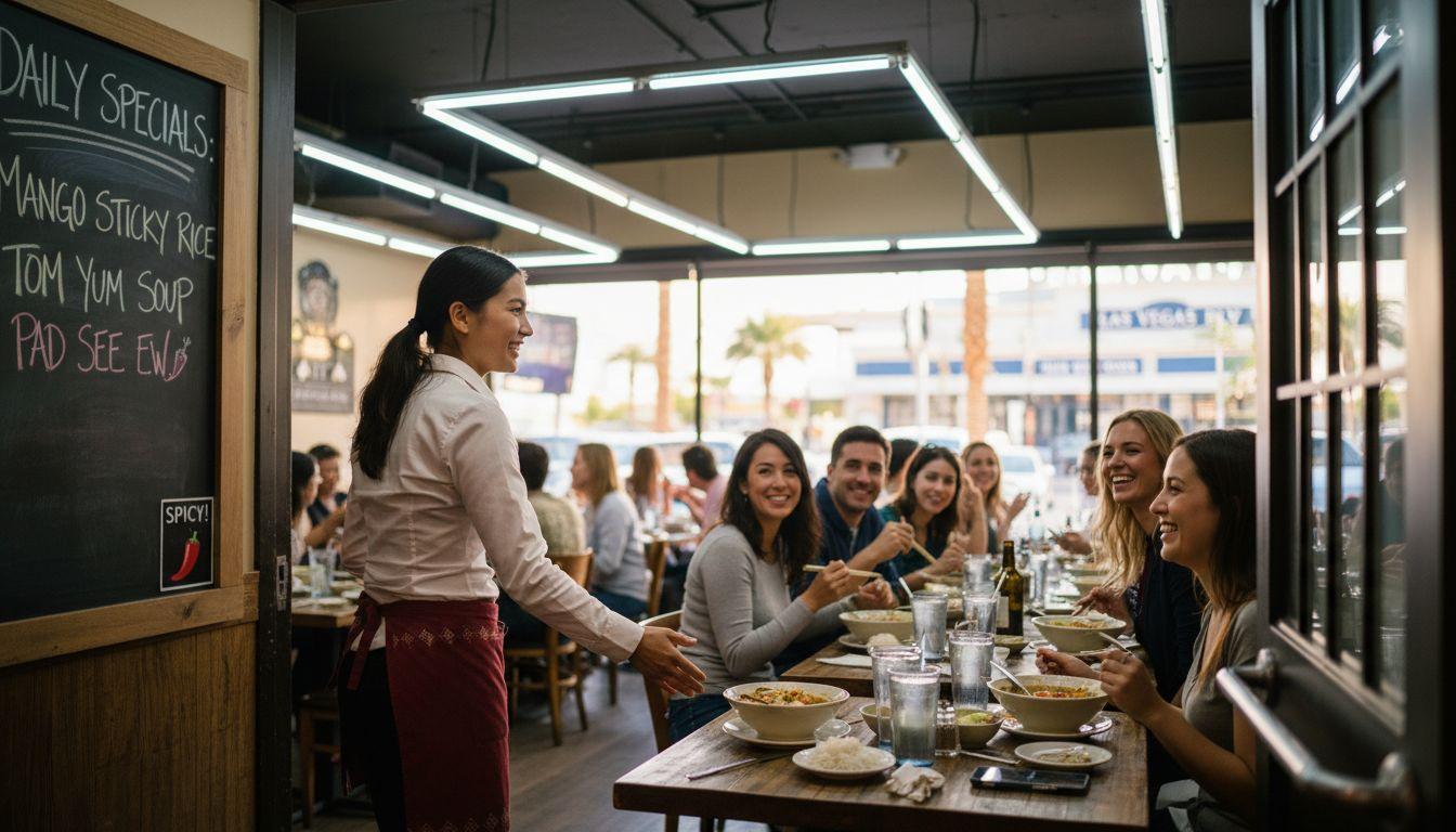 Server greeting diners at Thai restaurant