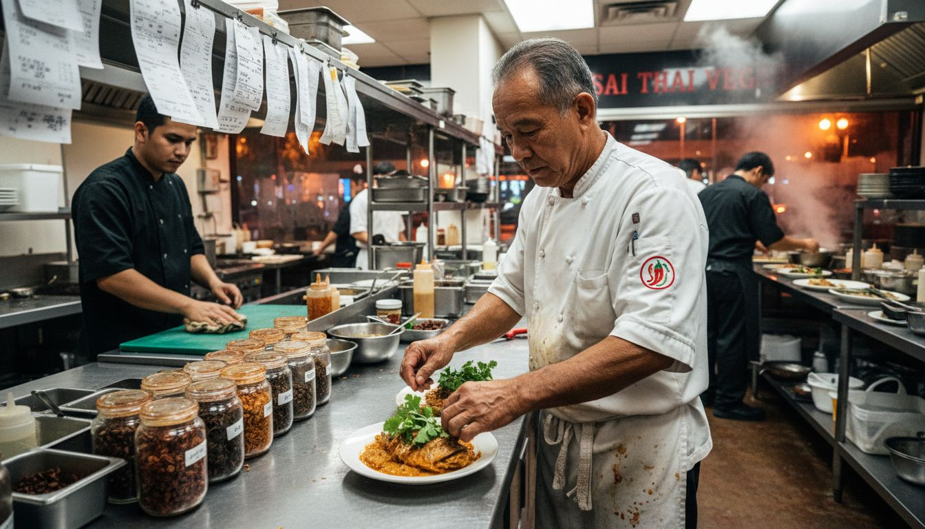Chef and staff preparing Thai dishes in kitchen