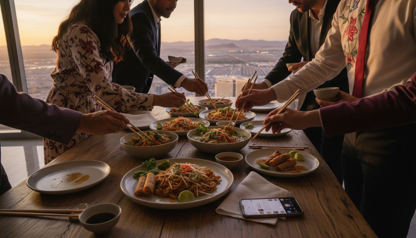 Guests serving Thai platters at Las Vegas event table