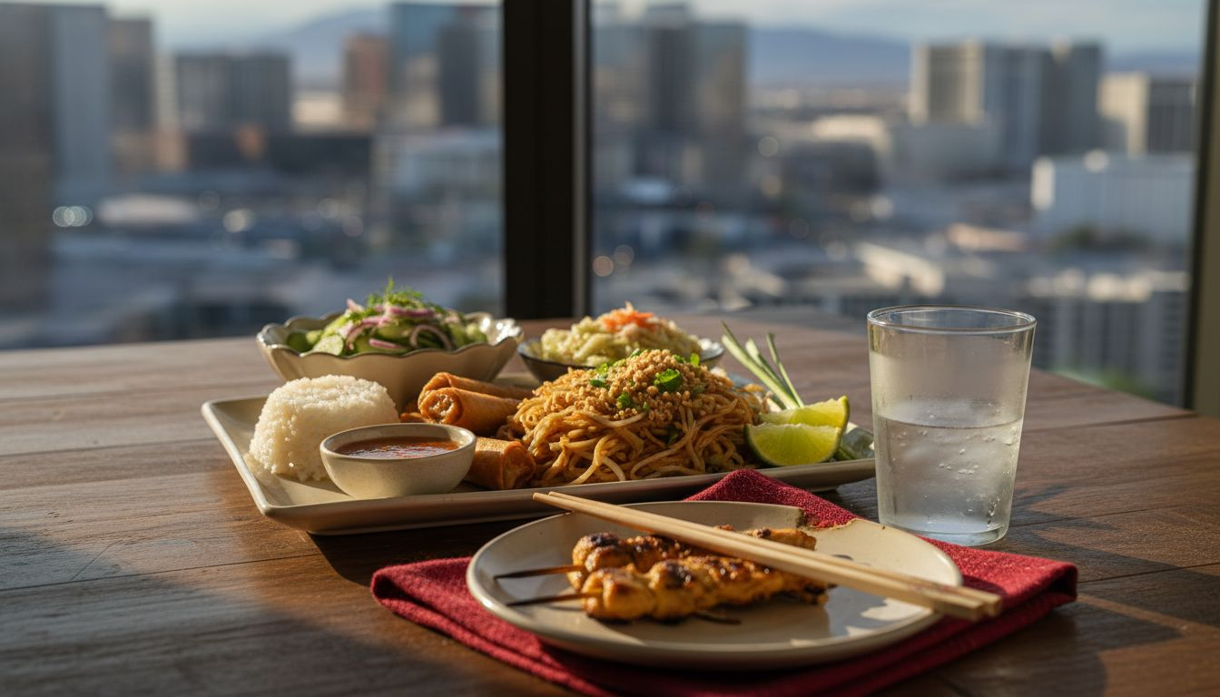 Assorted Thai party platter foods arranged on table