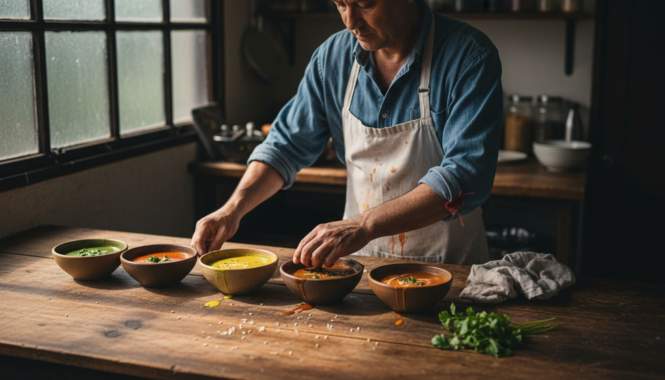 Chef presenting five types of Thai curry