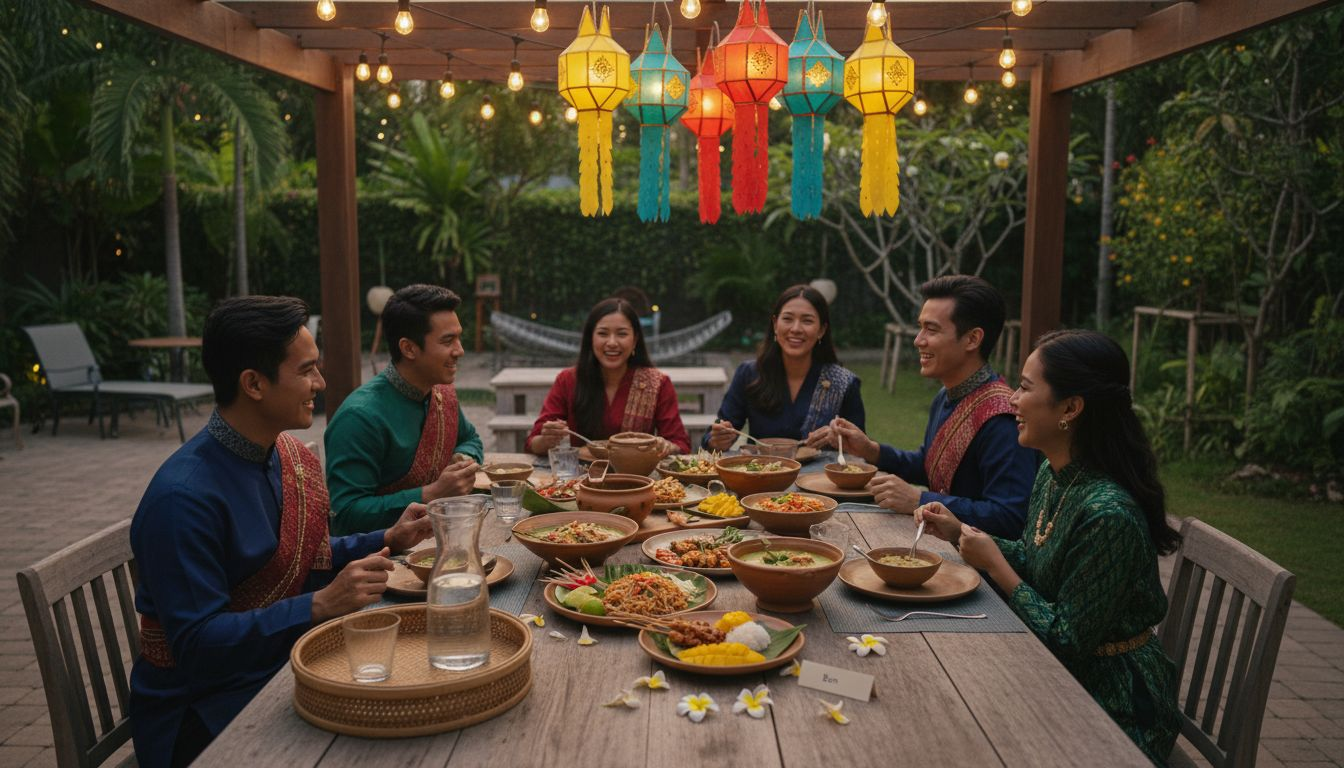Friends gather at Thai-themed outdoor dinner