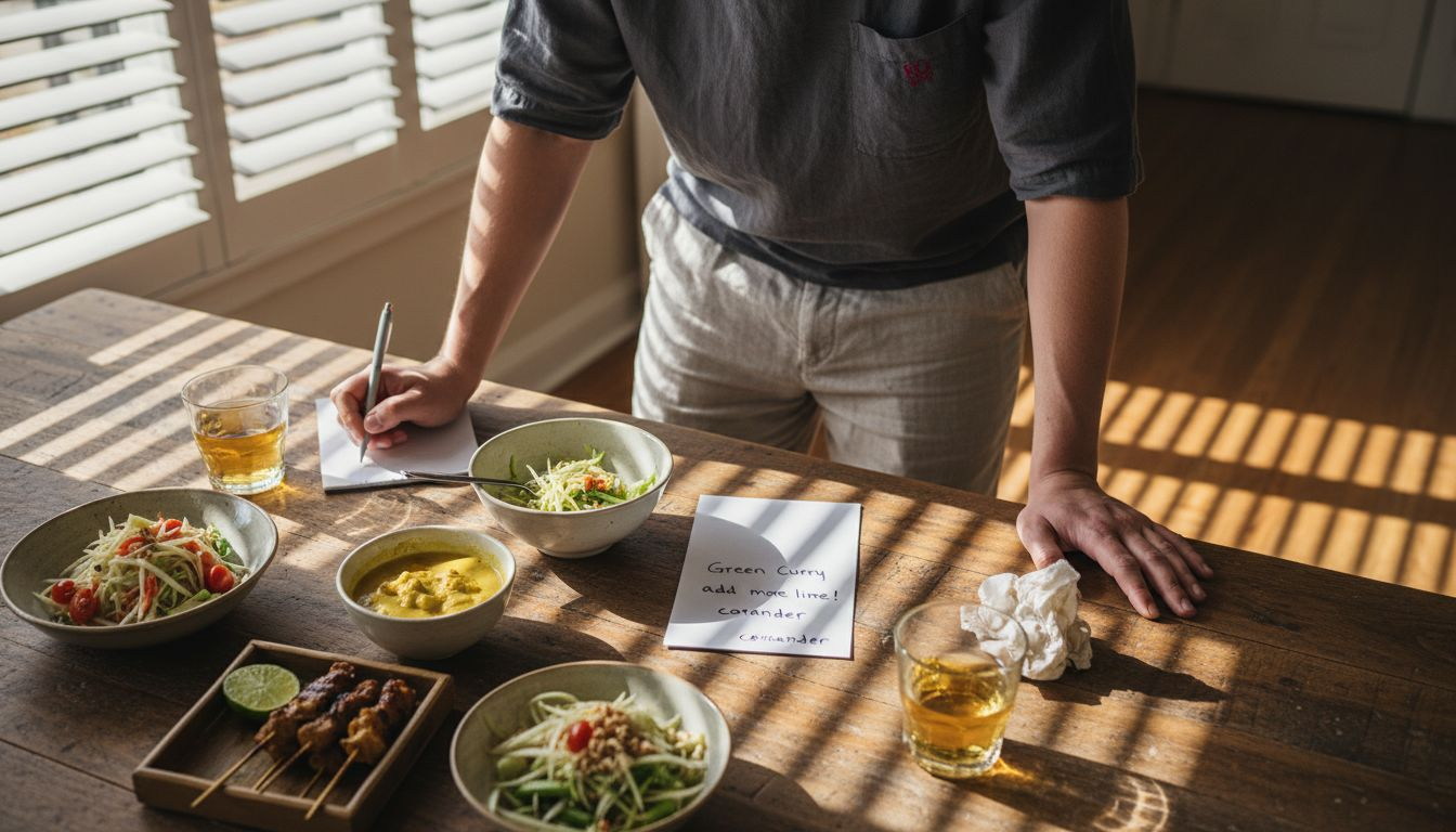 Host tasting Thai menu selections at table