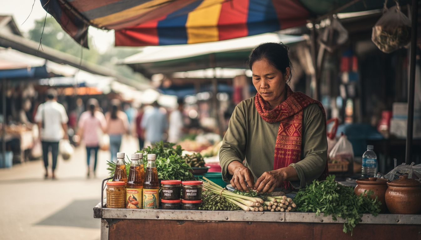 Vendor displaying Thai sauce ingredients at market