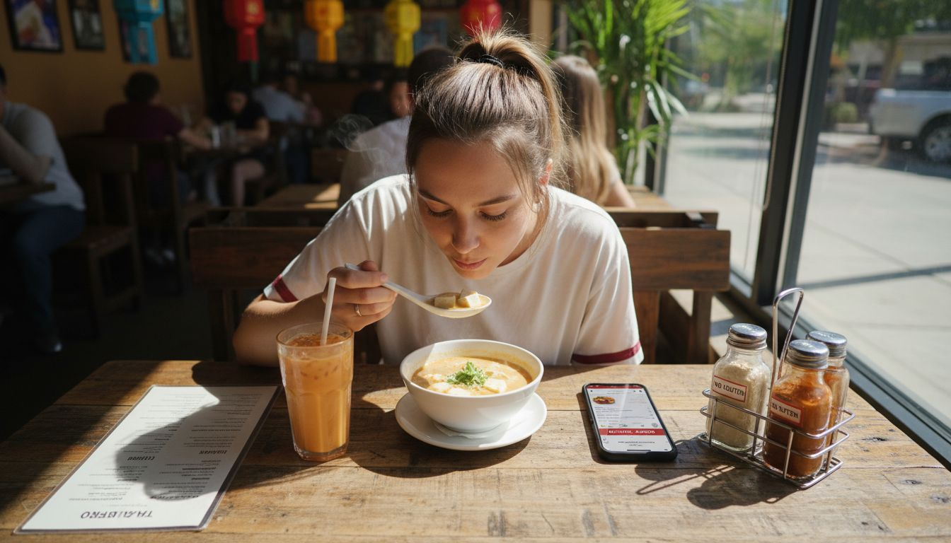 Diner enjoys gluten-free vegan Thai coconut soup