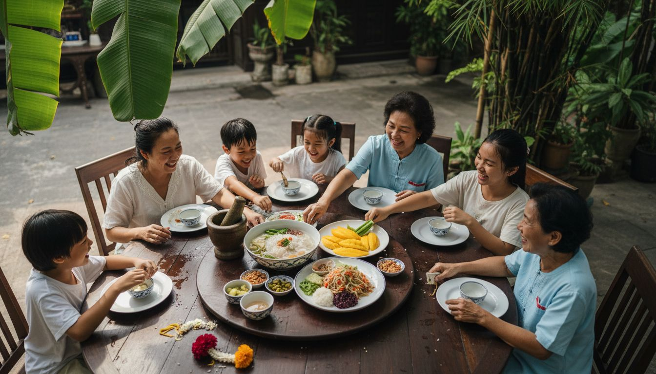 Thai family celebrating Songkran with traditional dishes
