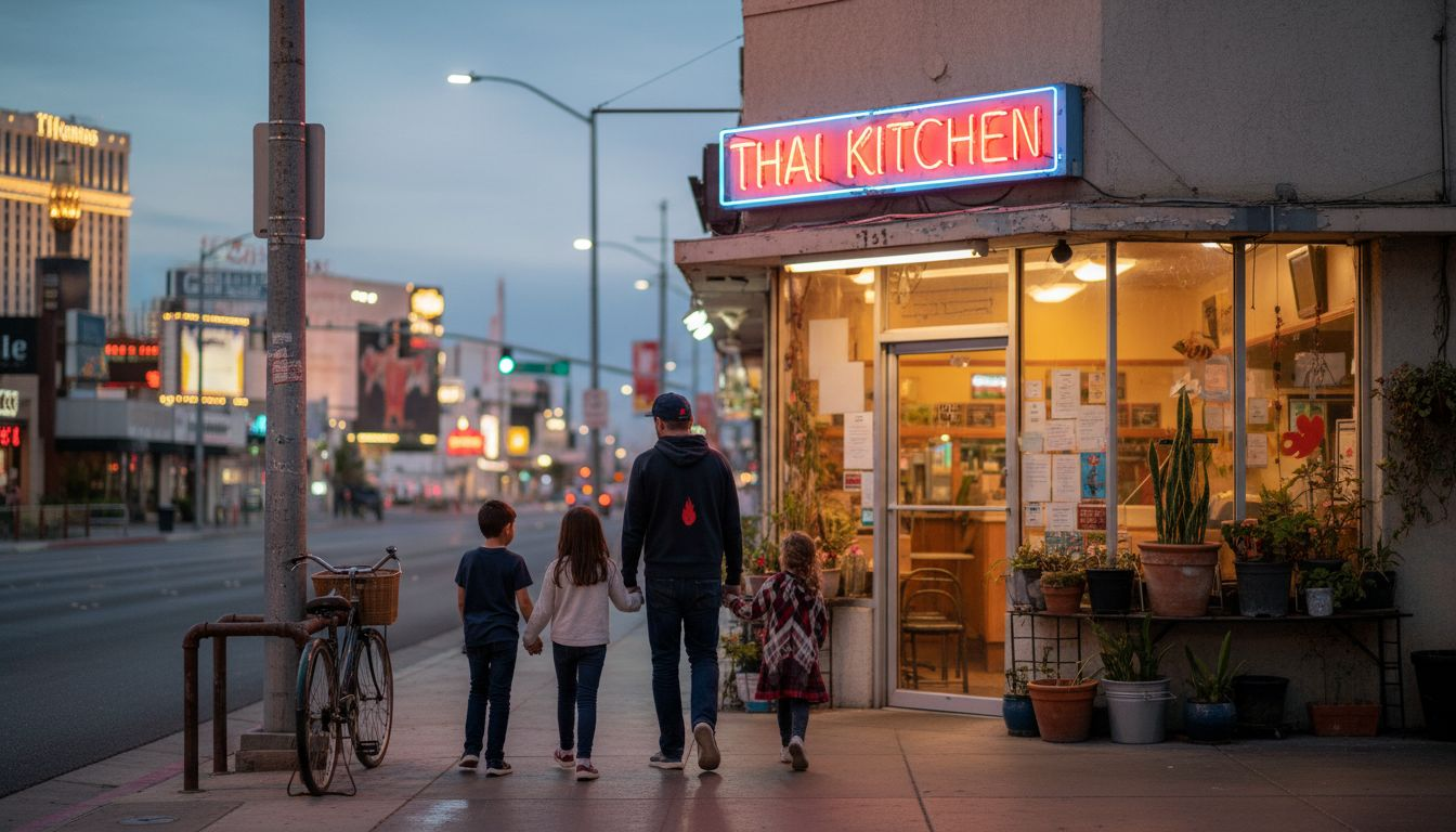 Family walking into Las Vegas Thai restaurant at dusk