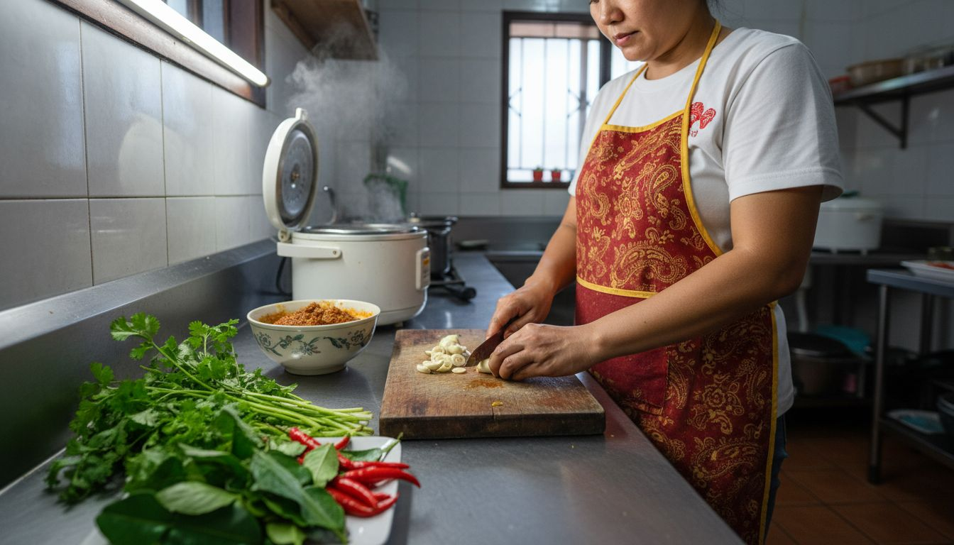 Chef preparing fresh Thai herbs in kitchen