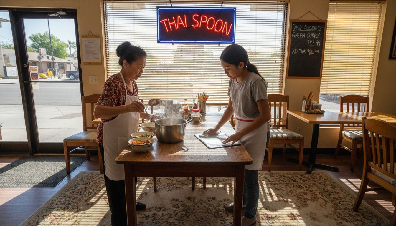 Thai family serving food in cozy restaurant