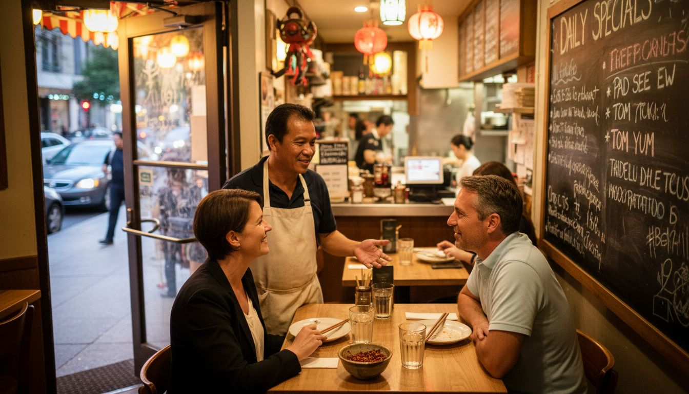 Waiter chatting with diners in Thai restaurant