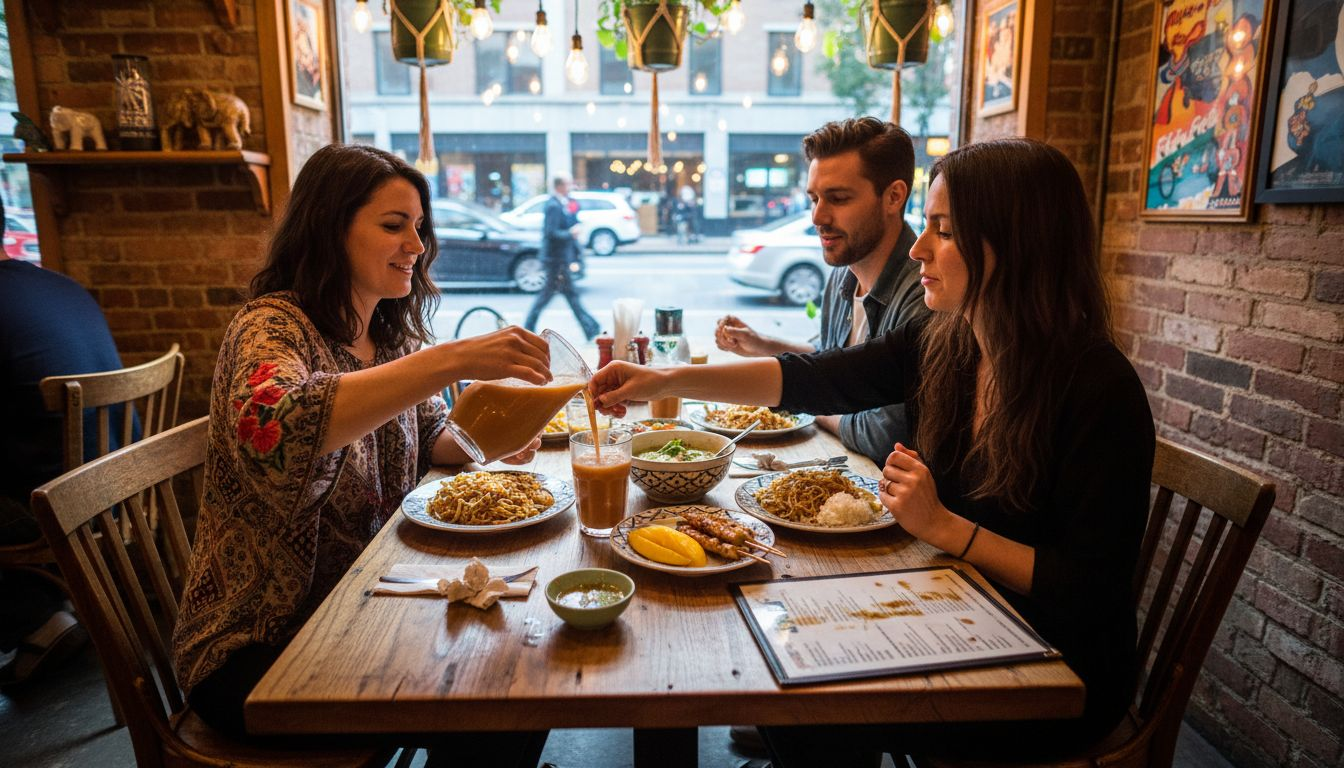 Diners sharing classic Thai dishes at table