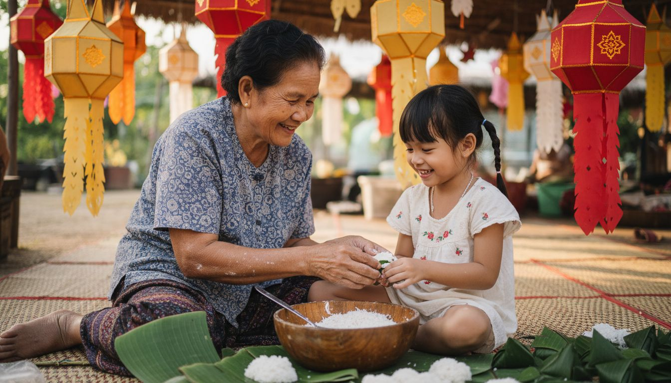 Grandmother and child making Thai desserts at festival