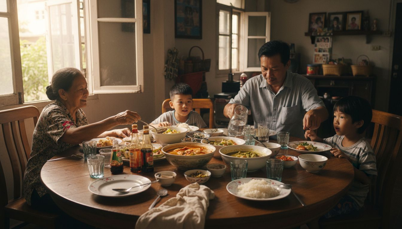 Thai family sharing traditional dinner table