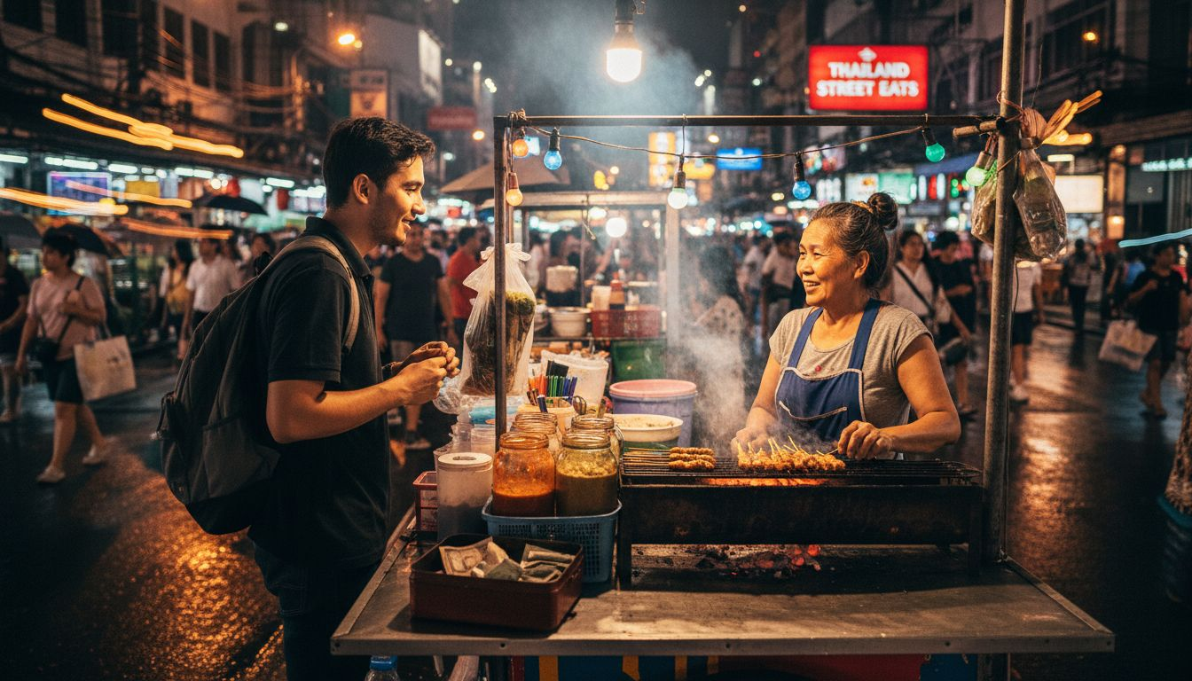 Thai street food vendor grilling satay at night market