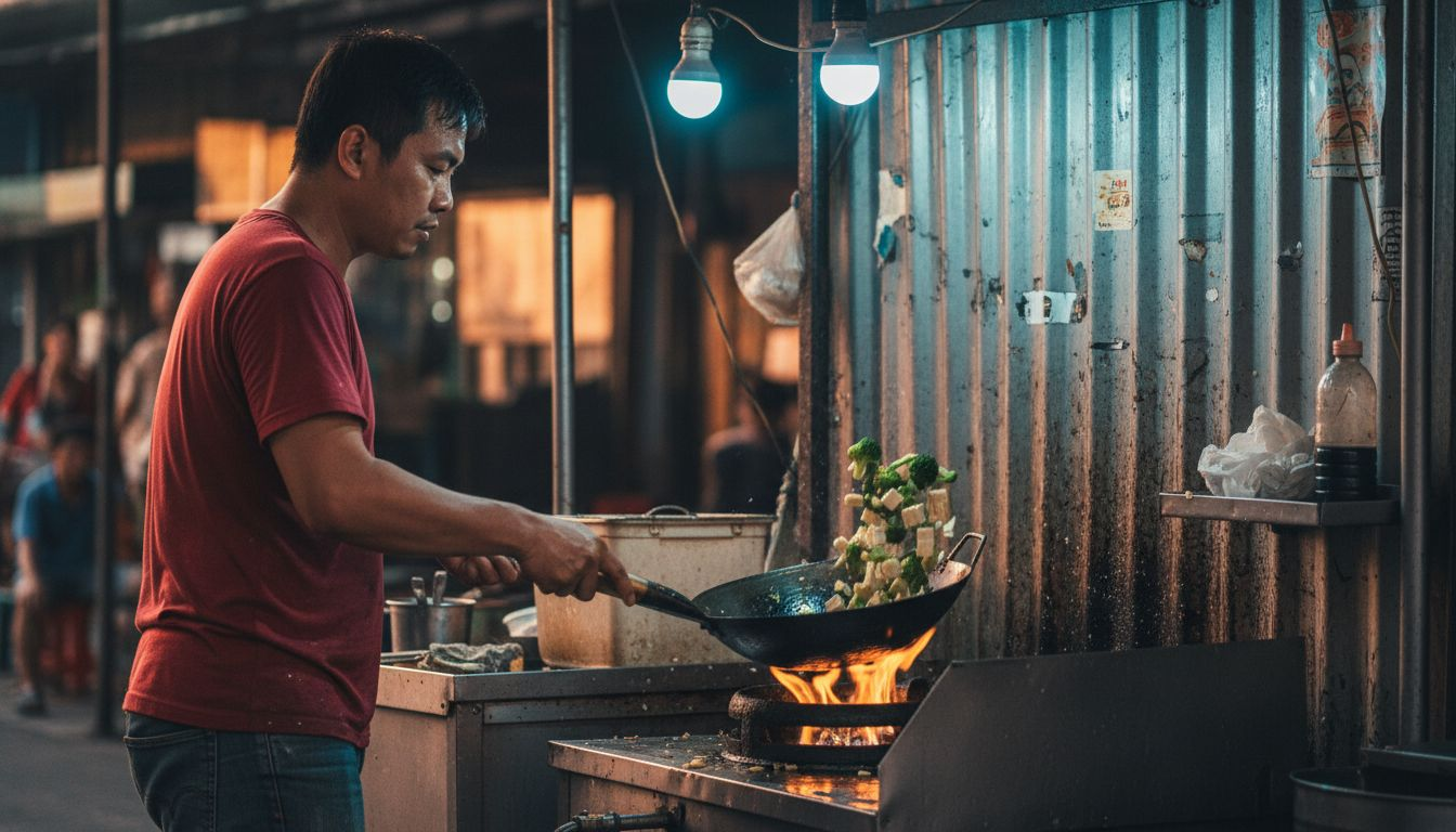 Chef stir-frying Thai vegetables and tofu in wok