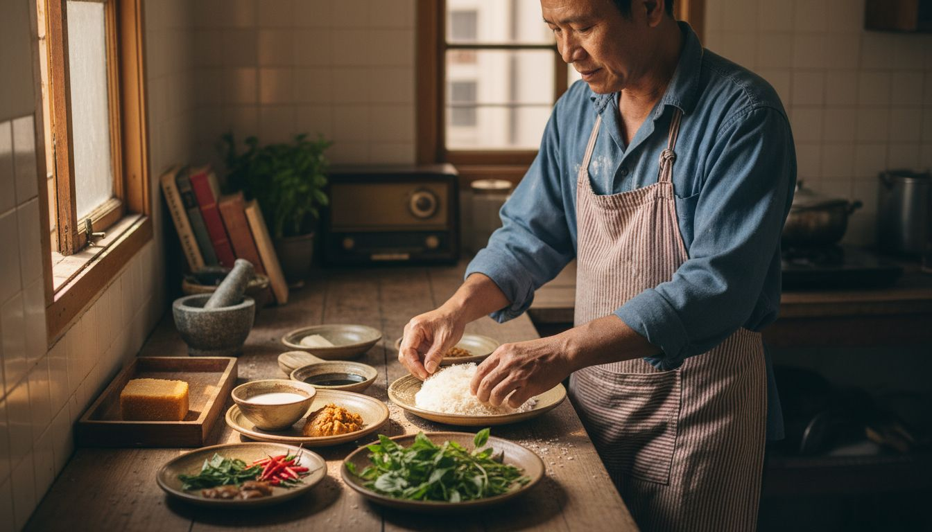 Home cook presenting Thai ingredients on kitchen counter