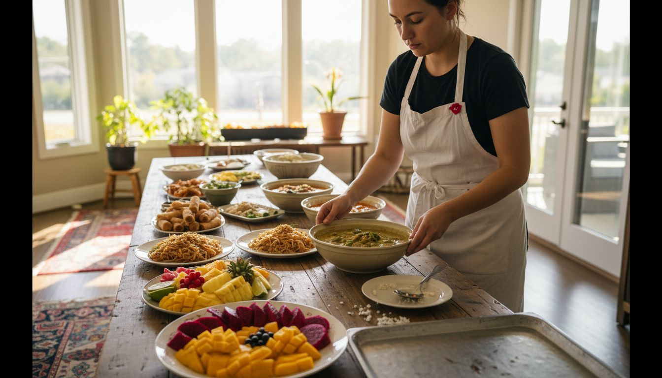 Buffet of Thai party catering foods on table