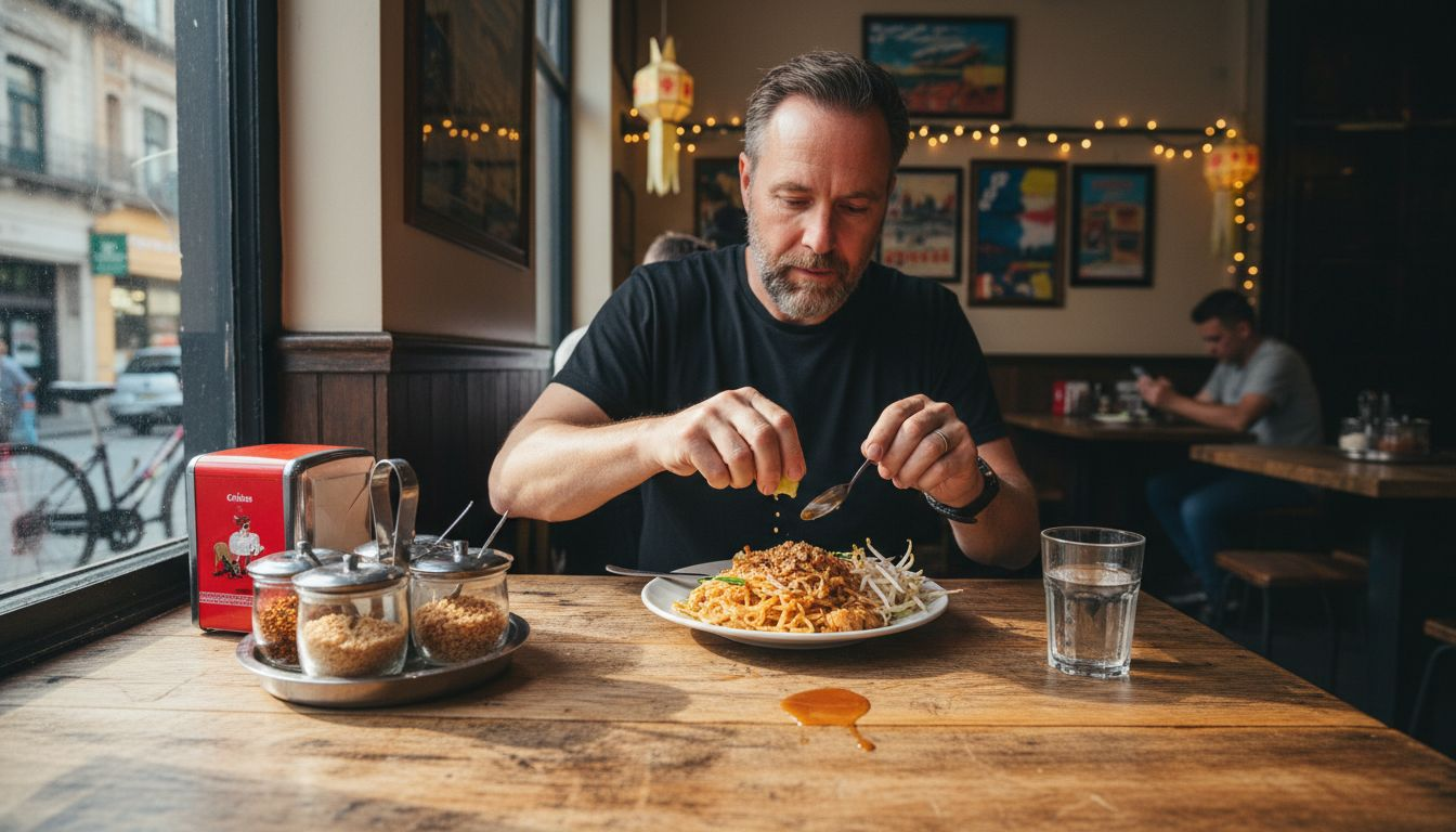 Customer adding custom flavors to Pad Thai