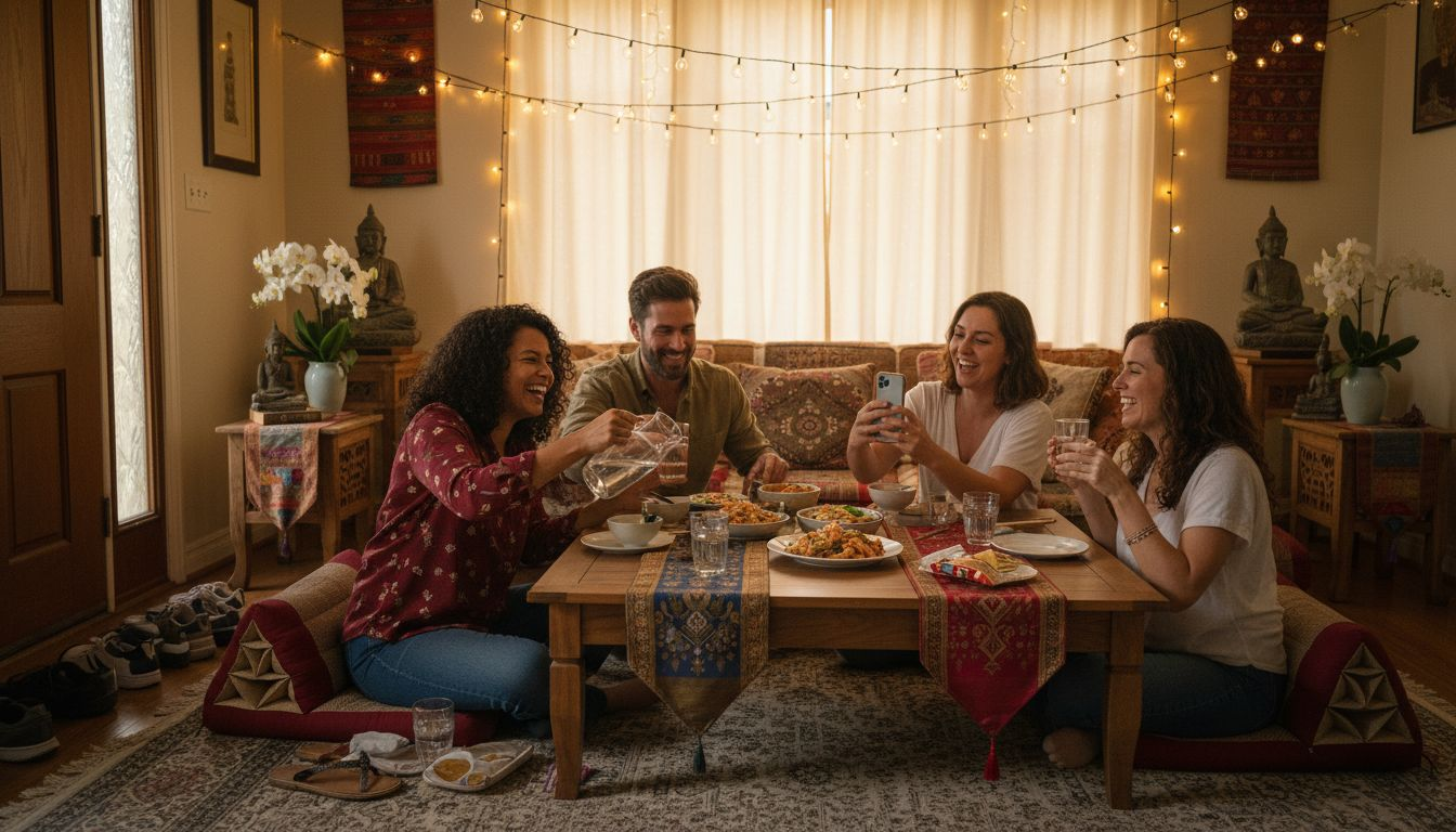 Friends gather at authentic Thai party table