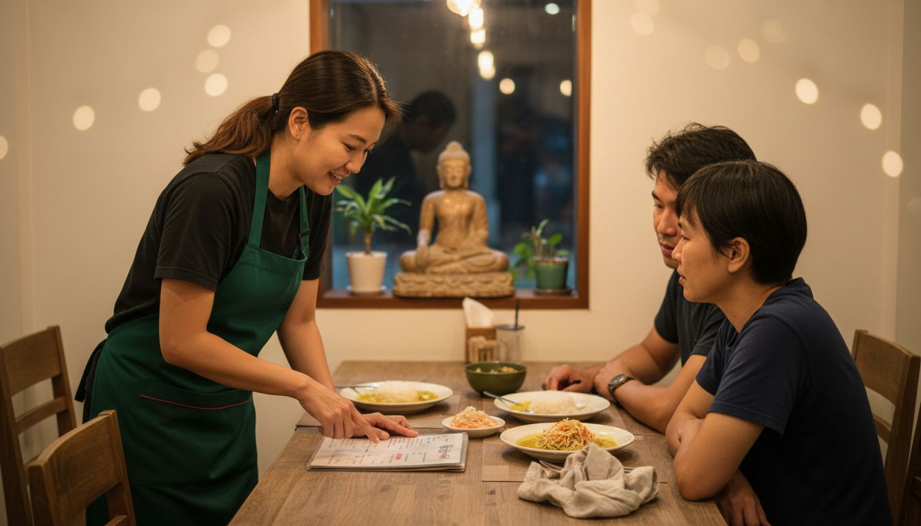 Waitress showing authentic Thai menu to diners