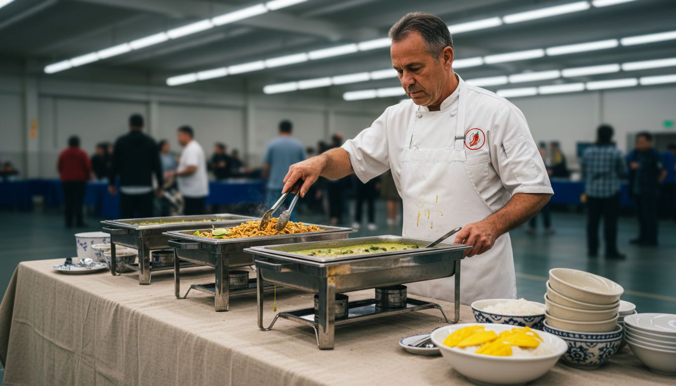 Chef arranging Thai catering buffet table