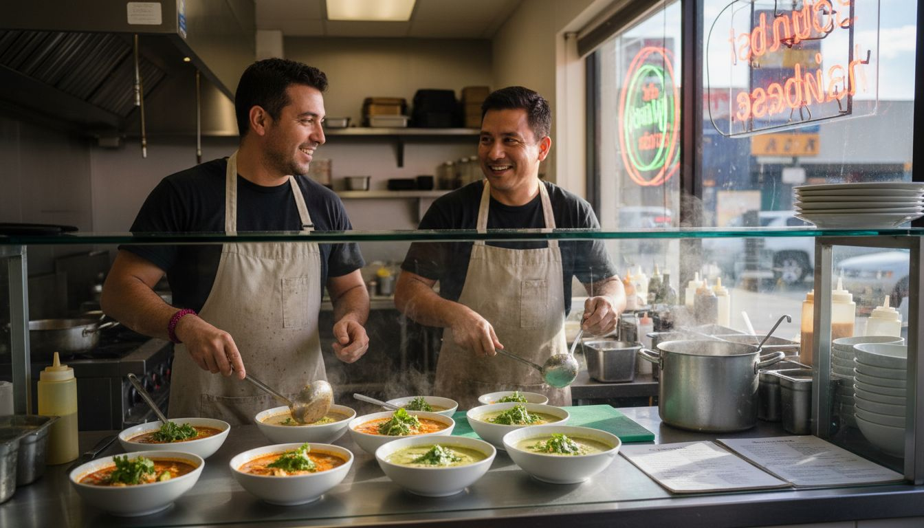 Cooks serving Thai soups in busy Las Vegas restaurant