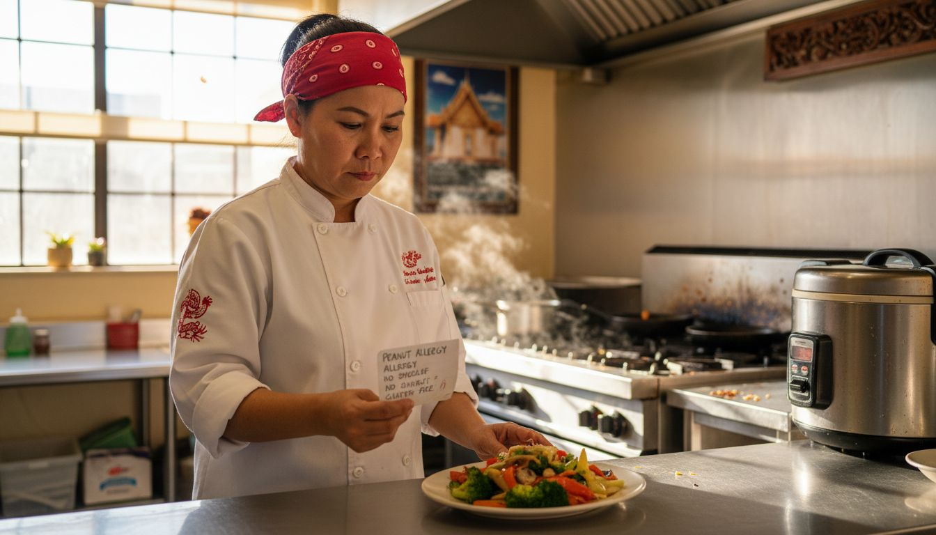 Chef reading allergy note in Thai restaurant
