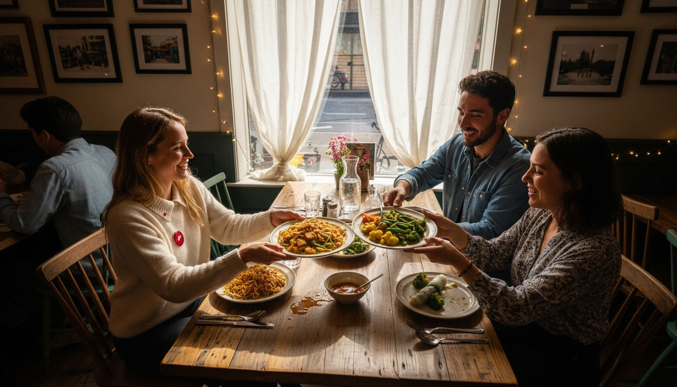 Friends sharing vegetarian Thai dishes at restaurant