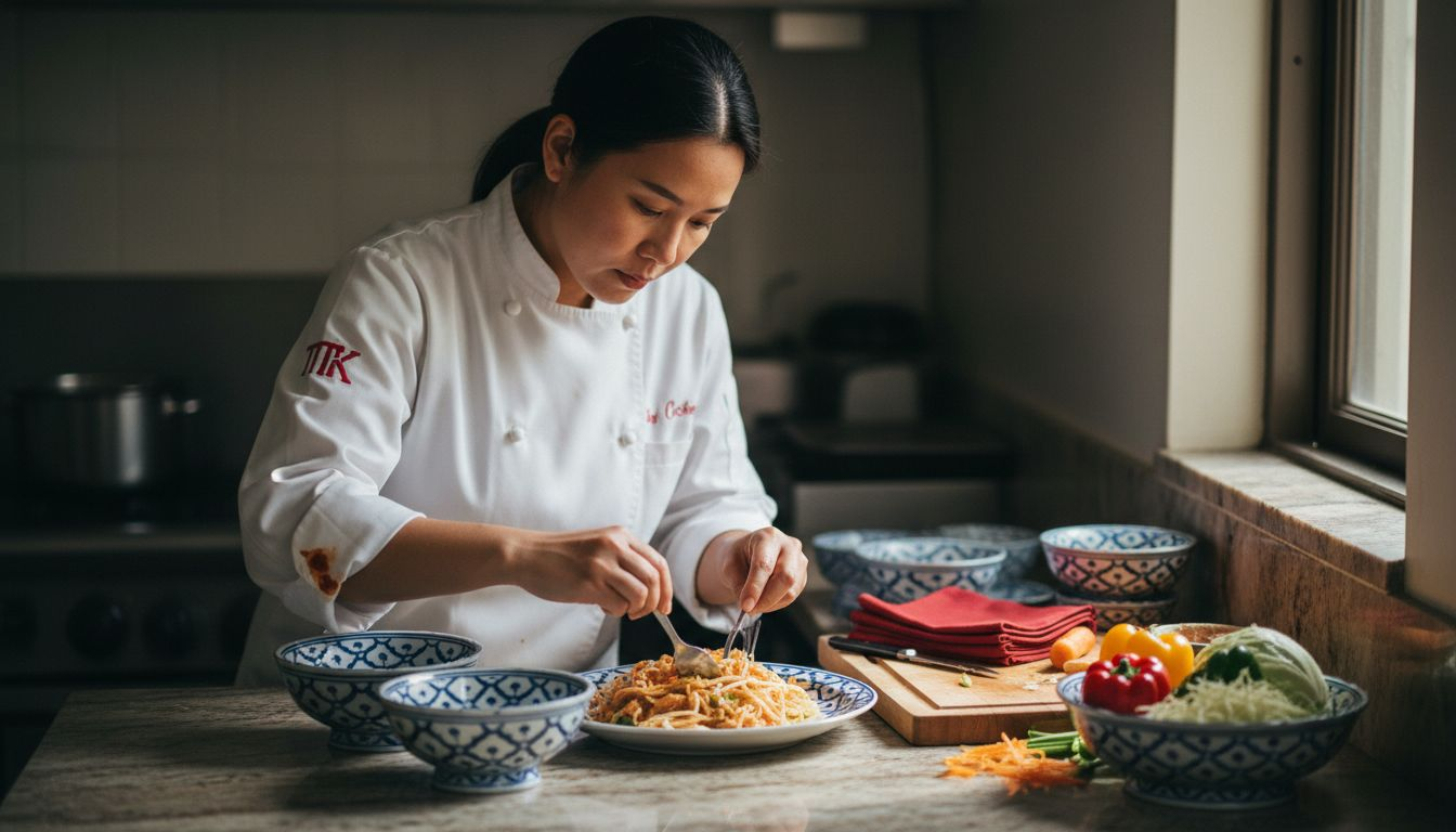 Chef plating traditional Thai cuisine dish