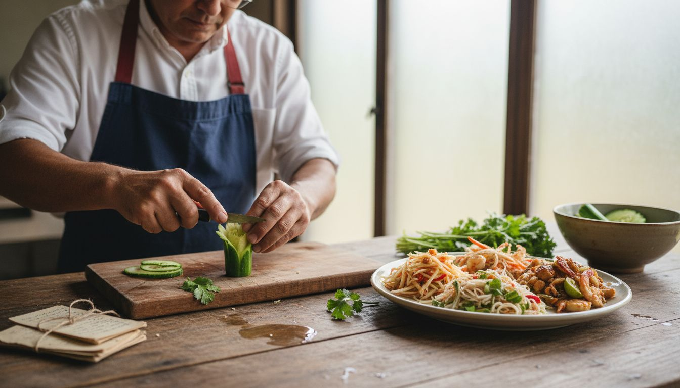 Cook carving vegetable garnish for Thai salad