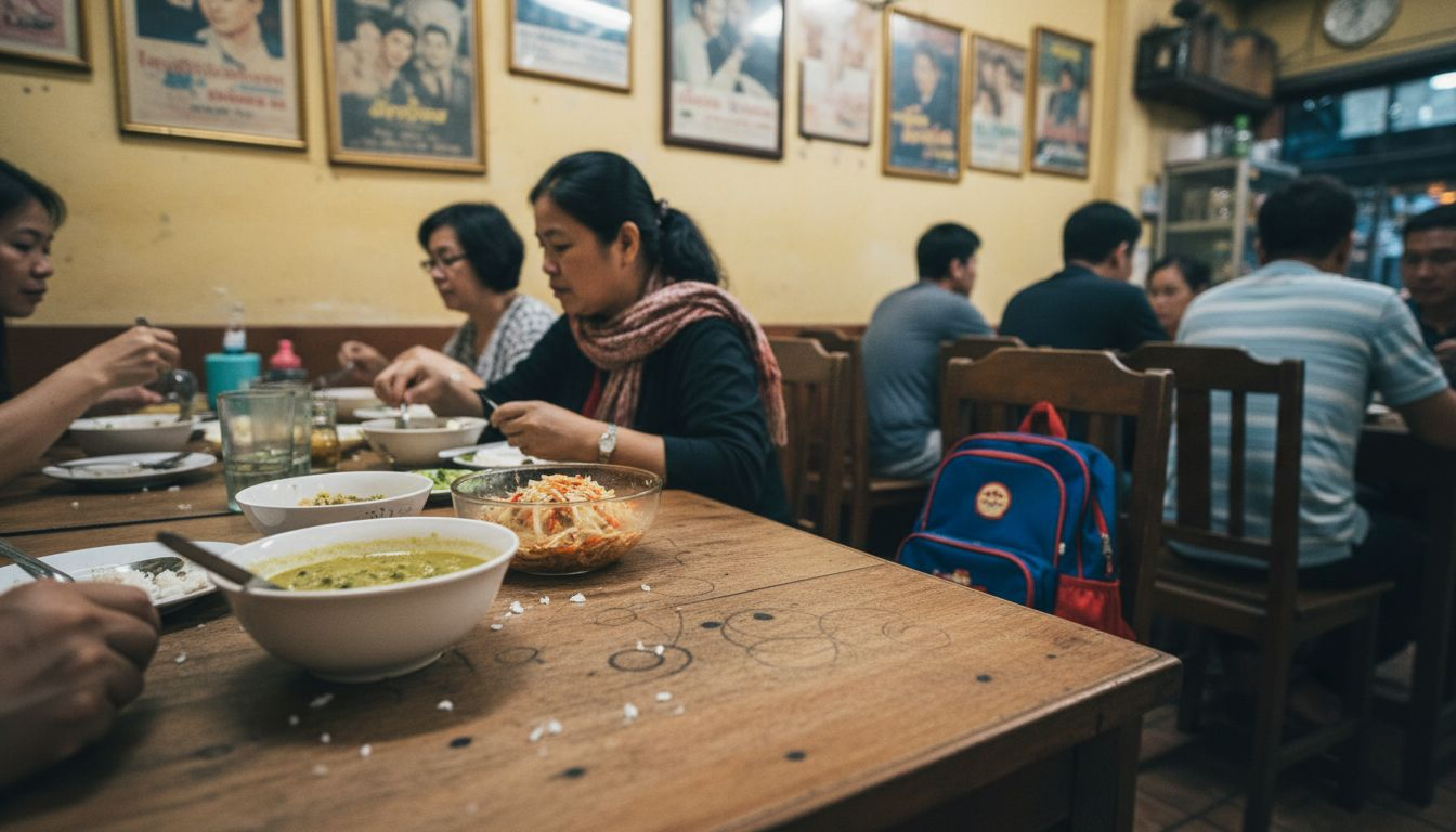Family sharing Thai dishes in local restaurant