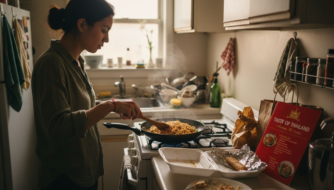 Woman reheating Thai takeout in her kitchen